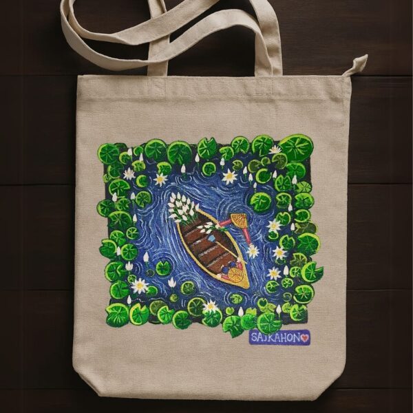 Lotus Pond Serenity – Hand-Painted Boat & Bloom Tote