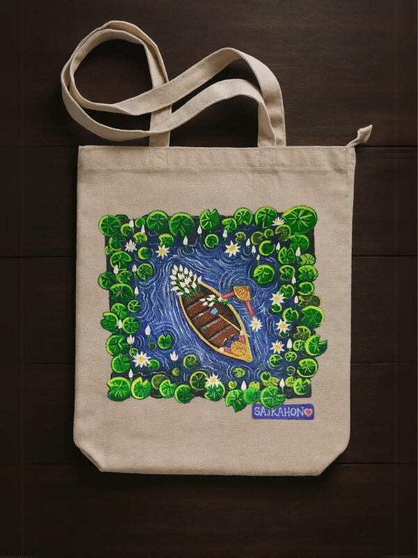 Lotus Pond Serenity – Hand-Painted Boat & Bloom Tote