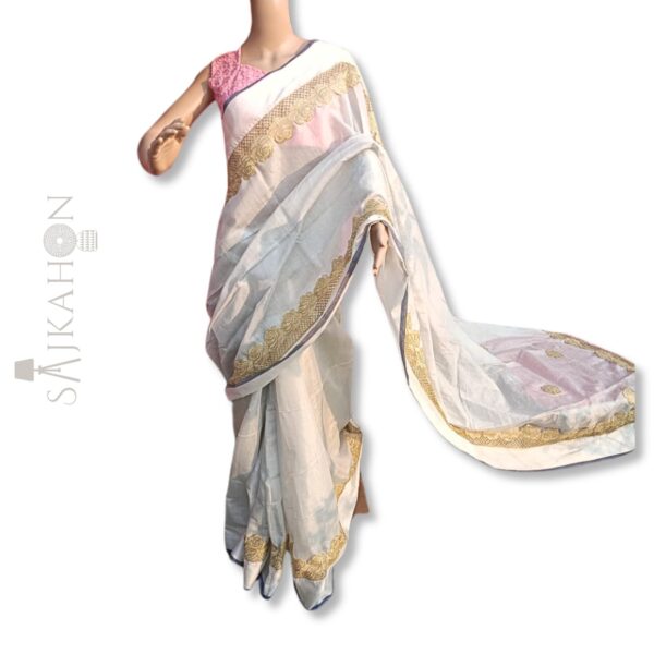 Tissue Cotton Saree with Floral Zari Border and Blouse Piece