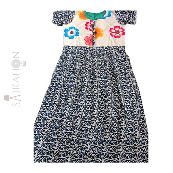 Elegant Hand-Painted Indigo Long Gown – Cotton | Size L, XL