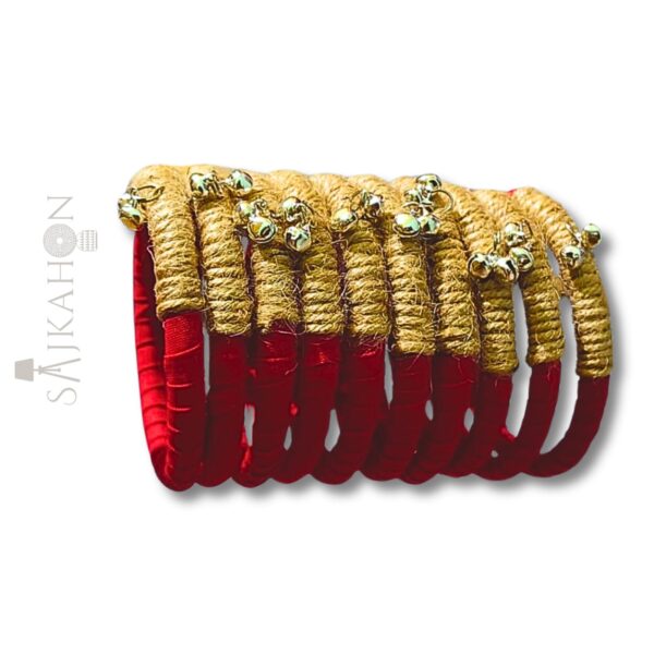 Handcrafted Red & Gold Thread Bangles with Ghungroo Accents (Set of 10)
