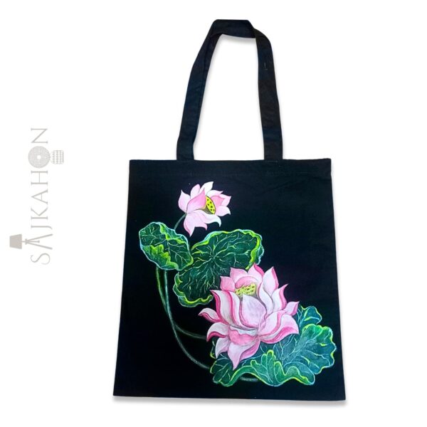 Graceful Lotus – Hand-Painted Black Tote Bag
