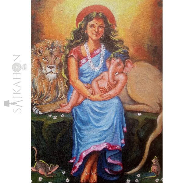 Divine Mother Parvati with Child Ganesha – 12x16 Acrylic Canvas