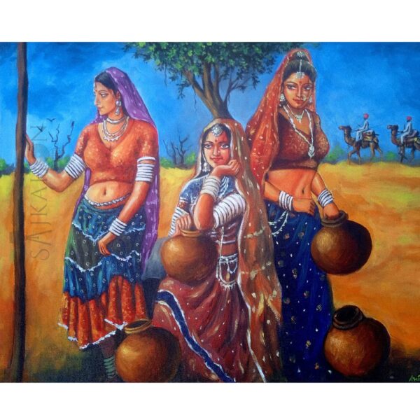 Drawn to the Distant – Rajasthani Women with Pots (Acrylic Painting, 16x20)
