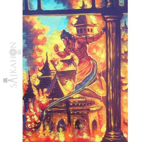 Lanka in Flames – Hanuman’s Divine Fury (Acrylic Painting, 16x20)