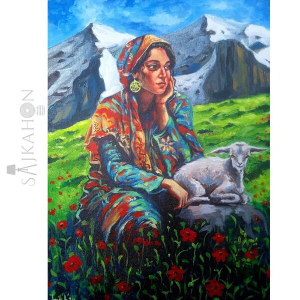 In Thought – Girl with Her Mountain Goat | Hand-painted Art (12x16 Acrylic)