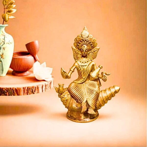 Dhokra Lakshmi Idol on Conch (Shankha) – 6 x 4 Inch Brass Art