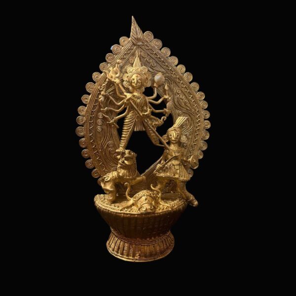 Mahishasura Vadha – Handcrafted Dhokra Durga with Lion (11 x 6.5 Inch)