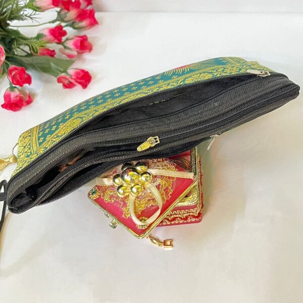 Elegant Banarasi Handmade Wallet – 10x5 inch | 3 Zip Closure | Lightweight & Stylish