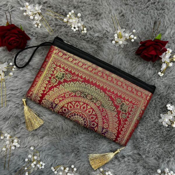 Elegant Banarasi Handmade Wallet – 10x5 inch | 3 Zip Closure | Lightweight & Stylish