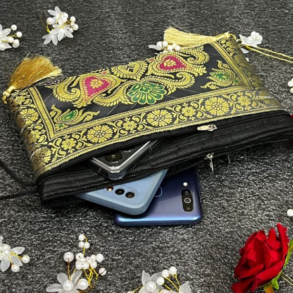 Elegant Banarasi Handmade Wallet – 10x5 inch | 3 Zip Closure | Lightweight & Stylish