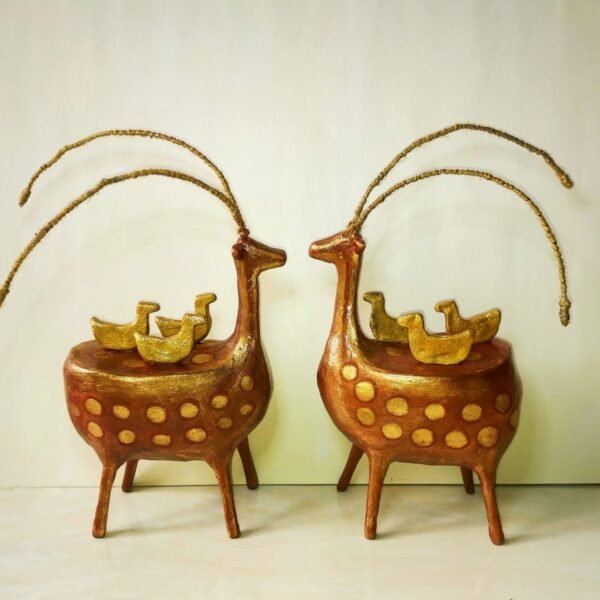 Handcrafted Clay Tribal Deer Pair with Golden Ducklings – Ethnic Artistic Decor