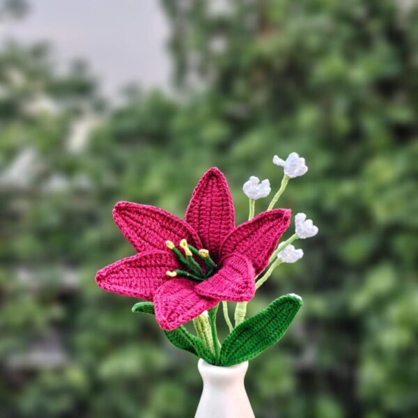 Handmade Crochet Lily – Red Single Stem with Leaves