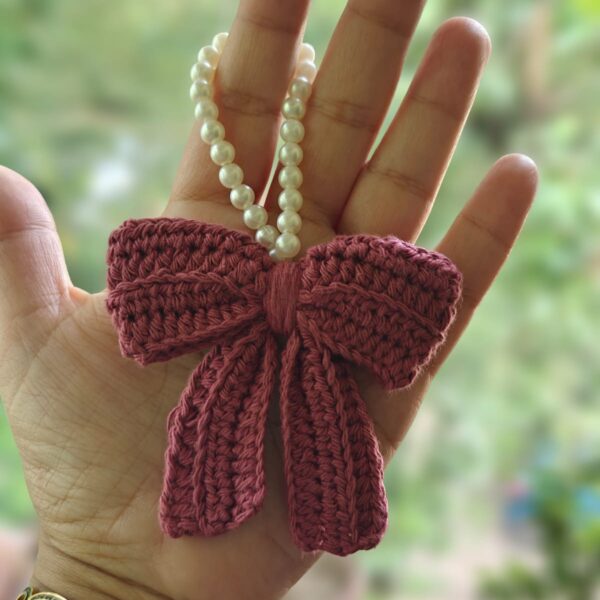 Handmade Crochet Bow Charm – Keychain | Bag Charm | Phone Charm with Pearl Loop