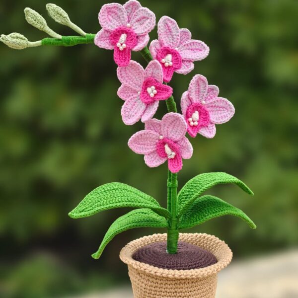Handmade Crochet Orchid Plant – Pink Blooming Elegance in a Pot