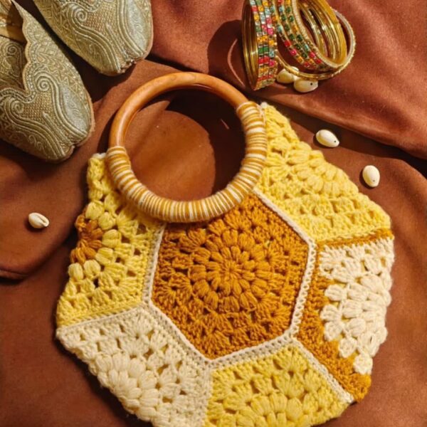 Sunrise Glow Crochet Handbag with Ring Handle – White, Yellow & Orange