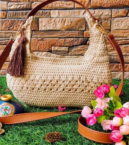 Classic White Crochet Bag with Brown Leather Belt Accent