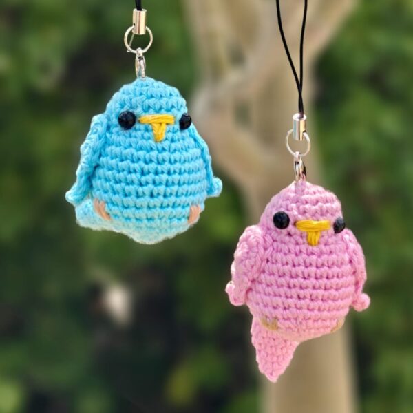 Crochet Bird Keychain Set – Pink & Sky Blue (Set of 2) | Bagcharm & Car Hanging
