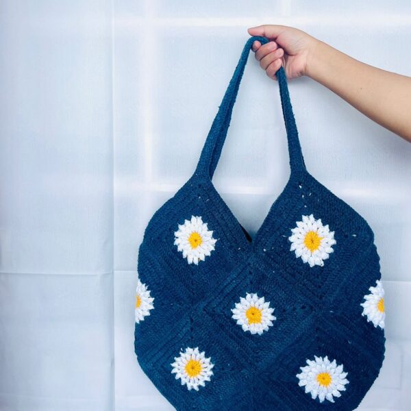 Handcrafted Crochet Prussian Blue Tote Bag | Elegant Eco-Friendly Shoulder Bag for Everyday Use