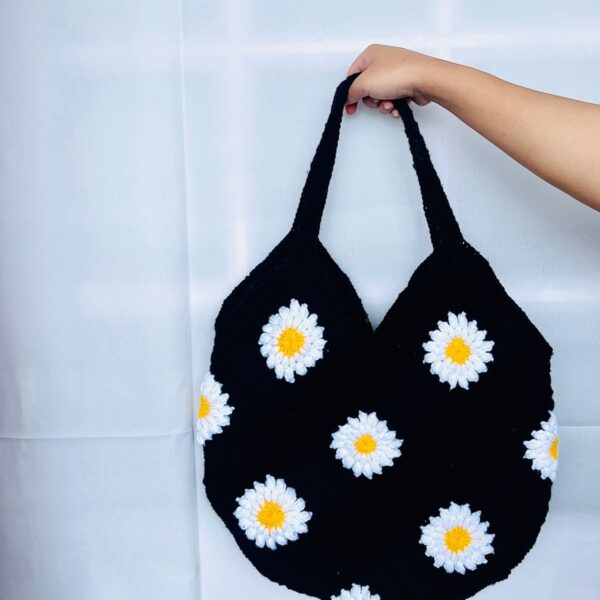 Handcrafted Crochet Black Tote Bag | Eco-Friendly Boho Shoulder Bag for Daily Use